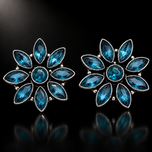 Fast Shipping Brass Ethnic Oxidized Silver Zircon Flower <b>Blue</b> Stone Bezel Setting Statement <b>Stud</b> <b>Earrings</b> Factory Supply - Product Image 5