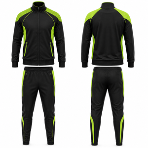 Ensemble de survêtement sportif pour homme, noir et vert lime, avec blocs de couleur, fermeture éclair intégrale, séchage rapide, en polyester, pour l'automne, avec poches latérales - Product Image 1