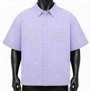 Custom Men Denim Short Sleeve <b>Shirt</b> <b>Y2K</b> Rhinestone Diamond Cross Sparkle Bling Button Down Oversized Hip Hop Streetwear Top Jean - Product Image 3