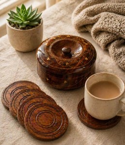 Premium Round Wood <b>Coaster</b> Set Vintage Wooden <b>Drink</b> Cup Mat with Storage Holder Box Durable Restaurant Cafe Bar Tableware - Product Image 3