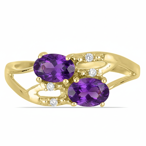 Anillo de compromiso clásico de dos piedras con amatista natural y diamante cultivado en laboratorio, estilo envolvente, de oro amarillo de 14k para mujer - Product Image 1