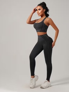 Women 2 Pcs Yoga Suit Racerback Sports Bra and High Waisted Linear Contour Leggings Seamless Gym <b>Workout</b> Fitness Outfit Set - Product Image 3