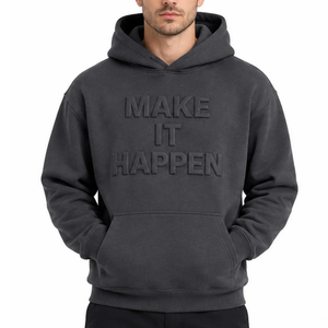 Sweat à capuche gris foncé pour homme, très demandé, avec impression en relief « Make It Happen », coupe décontractée, ajustement régulier - Product Image 1