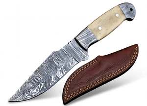 Cuchillo utilitario de hoja fija de acero de Damasco hecho a mano con mango de hueso, herramienta de corte para exteriores con funda de cuero - Product Image 1