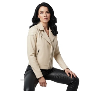 Veste de moto en cuir grainé crème pour femmes, vente en gros personnalisée, prix d'usine, style motard, manteau tendance pour femmes, service OEM ODM - Product Image 1