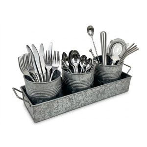 Porte-ustensiles en métal galvanisé avec plateau, 3 compartiments, style farmhouse, pour comptoir de cuisine - Product Image 1