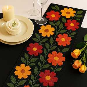 Handmade Beaded Floral Table <b>Runner</b> Rectangle Fabric Bohemian Design Black with <b>Red</b> Orange Yellow Flowers - Product Image 3