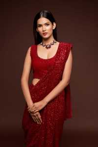 Luxury <b>Red</b> Sequin Saree Heavy Maroon Sequence Work Georgette Sari Designer Indian Wedding Wear Party Wear Sarees With <b>Blouse</b> - Product Image 3