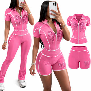 ชุดเซ็ตเสื้อผ้าผู้หญิงสุดฮิต สีดำ ประดับเพชรเทียม 2 ชิ้น เสื้อแขนสั้นแบบซิป กางเกงขาสั้นเอวสูงทรงบาน สไตล์ไบค์เกอร์ - Product Image 2