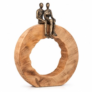 Sculpture Circulaire en Bois Faite à la Main avec Figurine de Couple en Bronze, Décoration de Table, Thème Amour Contemporain, Art pour Salon - Product Image 1