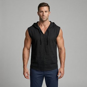 Camiseta sin mangas con capucha para hombre, de algodón, color blanco liso, informal, transpirable, de corte regular, tejido de punto - Product Image 4