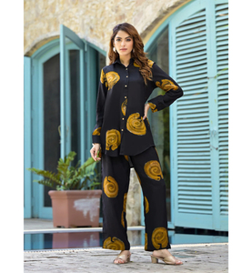 Chemise en mousseline noire et marron pour femme, à manches longues, boutonnée sur le devant, style décontracté et ensemble pyjama, prix de gros - Product Image 1