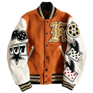 DROGEN EXPORT Custom for Brown Wool Body <b>White</b> Sleeves <b>Men's</b> Casual Vintage Streetwear Varsity <b>Jacket</b> Embroidery Patches - Product Image 1