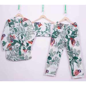 Ensemble de pyjama décontracté 2 pièces pour femme, taille complète, 100 % coton satiné, imprimé à la main, taille élastique, manches longues, respirant - Product Image 1