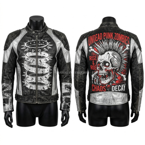 Chaqueta de cuero para motociclista con estampado gráfico de calavera de zombie 'Brain Eater', bicolor morado y gris, estilo urbano protector - Product Image 6