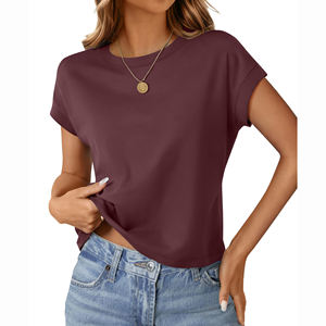 T-shirt décontracté en coton tricoté pour femme, col rond, manches courtes, coupe classique, couleur bordeaux, idéal printemps-été - Product Image 5