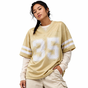 Maillot de football américain beige oversize en maille pour femme, col en V, unisexe, streetwear, personnalisable avec logo, vêtements de sport tendance, vente en gros - Product Image 1