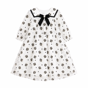 Vestido de Princesa con Malla Floral para Niñas |   Elegante Vestido de Fiesta de Manga Larga con Lazo - Product Image 1