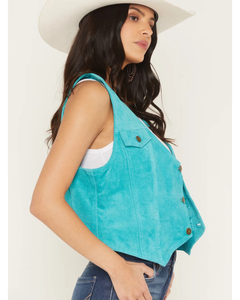 Chaleco de Cuero de Ante Turquesa para Mujer, Corto, Sin Mangas, Estilo Western, con Botones Delanteros, de Ante Genuino, Estilo Vaquera Boho, OEM - Product Image 3