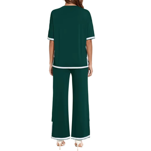 Survêtement vert pour femme, manches courtes, col rond, coupe ample, pantalon long, poches latérales, taille élastique, tenue décontractée d'été - Product Image 2