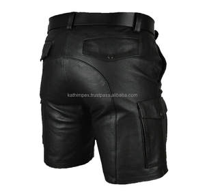Shorts en cuir véritable pour hommes, solides, mi-longs, respirants, noirs, style motard, multi-poches, utilitaires, streetwear, décontractés - Product Image 3