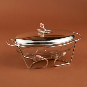 Silver Metal Acrylic Chafing Dish Featuring Pink Floral Accent Lid Curved <b>Stand</b> And Side Handles For Elegant Buffet Dining - Product Image 1