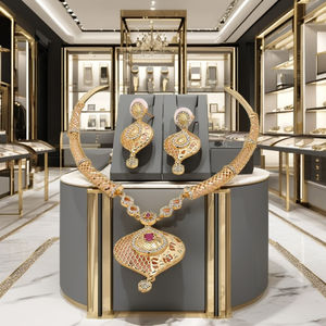 Wholesale 14K 18K 24K Gold Plated AD & <b>Ruby</b> Stone Jewelry Set, Indo-Western Design AD Gold <b>Necklaces</b>, AD Stone Fashion <b>Necklaces</b> - Product Image 4