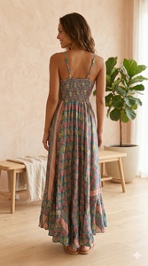 Talla Única, Estilo Y2K Boho, Vestido Largo de Seda Natural Tejida, Corte en A, Estampado Floral Paisley, Estilo Coreano, Primavera-Verano, Cuello en V, Sin Mangas, Casual, para Uso Diario - Product Image 4