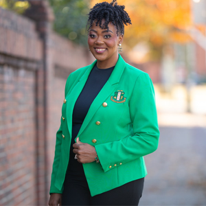 Blazer croisé vert en laine pour femme, veste de costume élégante et formelle, avec lettres grecques brodées, manches longues, coupe ajustée - Product Image 1