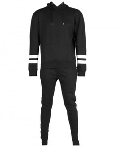 <b>Men</b> Hooded Tracksuit <b>Black</b> Full Sleeve Solid Color Casual Wear With White Stripes On Sleeves Breathable Polyester Material - Product Image 1