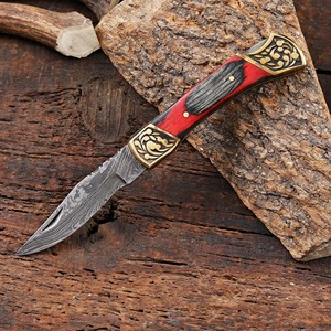 Industrial Grade Damascus Steel Bevel Folding Utility Knife Pakka Wood Handle <b>Leather</b> Sheath ODM OEM Pocket EDC Hunting Camping - Product Image 4