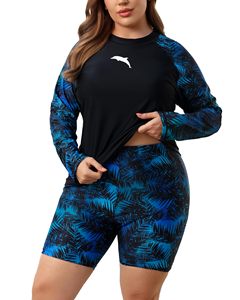 Women's Tummy Control Two-Piece <b>Rash</b> <b>Guard</b> <b>Swimsuit</b> Set - Tropical Print -Sleeve -Zip Top Flattering Slimming Fit - Product Image 1