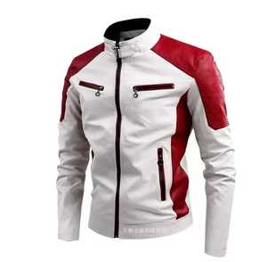 <b>Men's</b> Genuine <b>Leather</b> Moto <b>Jacket</b> Stand Collar Zipper Closure Slim Fit Color Blocking Autumn Style Waterproof Casual Regular - Product Image 3