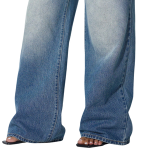 Jean en denim de coton délavé taille haute pour femme, coupe ample, jambe large, longueur intégrale, respirant, hiver, 340g, tendance mode - Product Image 5