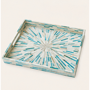 Plateau de service rectangulaire de luxe en nacre incrustée, mosaïque turquoise géométrique, pour centre de table basse - Vente en gros - Product Image 2