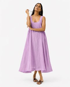 Vestido maxi de muselina a rayas con fruncido lateral Lila - Product Image 1