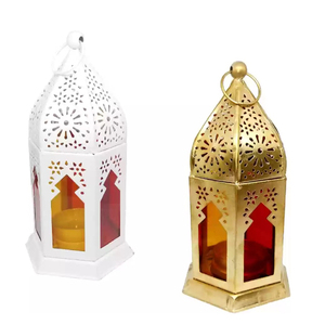 White and Gold Metal <b>Lanterns</b> with Cutout Patterns Glass for Home Decoration Handmade Candle <b>Lanterns</b> On Sale - Product Image 1