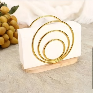 Golden Circle Napkin Holder with Wooden Base Tissue Stand Modern Dining Table Organizer <b>Kitchen</b> Serviette Rack Home Decor - Product Image 2