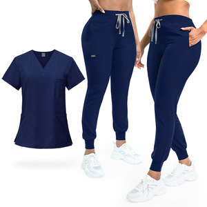 Ensemble de blouses chirurgicales unisexes à col en V en polyester mélangé pour hôpital, pantalon à manches courtes avec poches - Product Image 3
