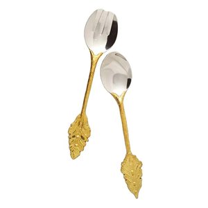 Premium Look Stainless Steel Salad <b>Server</b> With Brass Embossed Single Leaf Design Rouge Long Handle Salad <b>Server</b> Set - Product Image 6