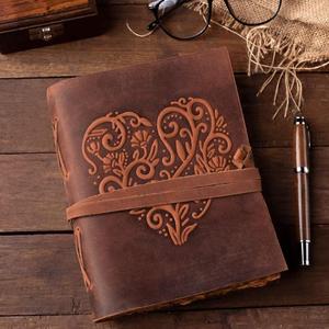 Handmade Heart Embossed Leather Loose-Leaf Hardcover <b>Vintage</b> Diary <b>Notebook</b> with Strap Craft Hackle for Gift - Product Image 4
