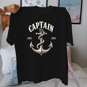 Camiseta de capitán ancla y cuerda para mujer, ajuste cómodo, estilo informal, 100%, patrón estampado de algodón puro - Product Image 2