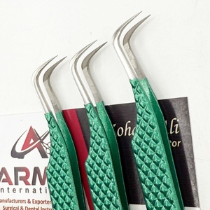 Pince à épiler professionnelle courbée en fibre durable de type Hock pour extensions de cils, vert métallisé, avec étiquette privée - Product Image 5