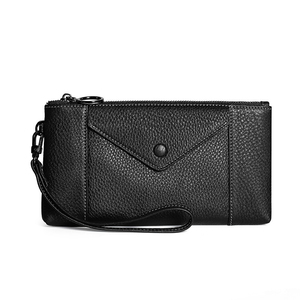 Elegant Black Leather <b>Wristlet</b> Clutch With Zipper Closure And Button Detail For Daily Use - Product Image 3