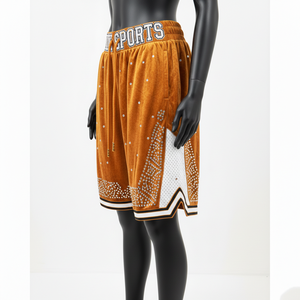 กางเกงบาสเก็ตบอลผู้หญิงผ้าโพลีเอสเตอร์พรีเมียม สีส้มขาว แต่งผ้าตาข่าย ปักโลโก้ ประดับเพชรแบบรีดร้อน - Product Image 4