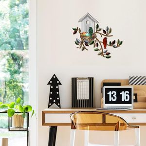 Décoration murale d'extérieur et d'intérieur pour salon, motif oiseaux et feuilles d'arbre en métal, nichoir suspendu, décoration murale en métal durable pour la maison et le bureau - Product Image 4