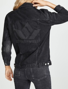 Custom Women's Black <b>Denim</b> <b>Jacket</b> Button Front Long Sleeve Casual Jean <b>Jacket</b> with Chest Flap Pockets Wholesale - Product Image 2