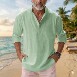 Camisa Henley de Lino de Alta Calidad para Hombre, Estilo Casual de Playa para Verano, Manga Larga - Product Image 2