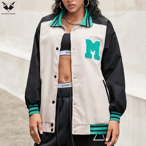 Veste universitaire pour femme à col rabattu et manches longues avec bordure contrastée – Couleur noir et vert sarcelle |   Service OEM et ODM de la plus haute qualité - Product Image 3