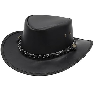 Custom OEM Wholesale Cowboy Black Color Blank Plain Genuine Cow Hide Leather <b>Hats</b> Sports Headwear Equestrian Pu Leather <b>Hats</b> - Product Image 1